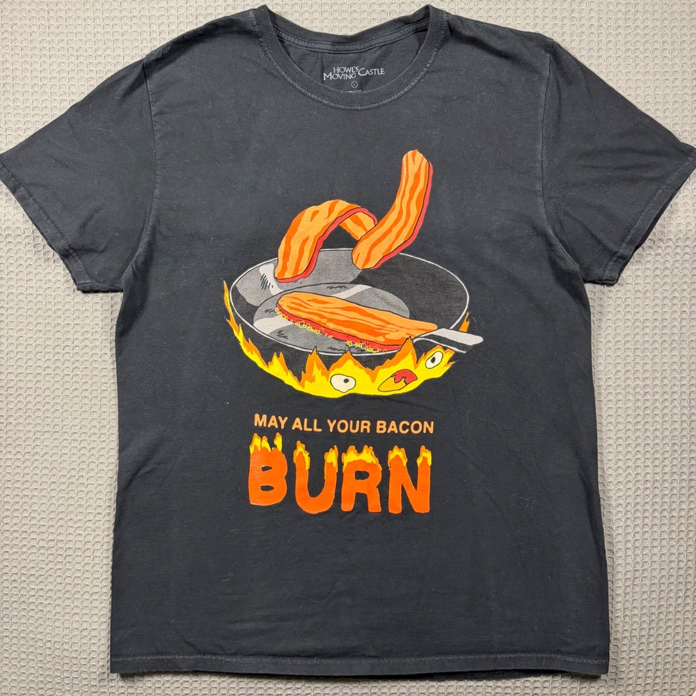Howls Moving Castle Calcifer May All Your Bacon Burn Black Graphic T-Shirt L